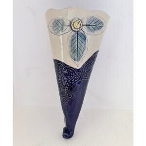 Vtg French Faience Wall Pocket Vase Ceramic Hand Painted 3D Floral Art Unique